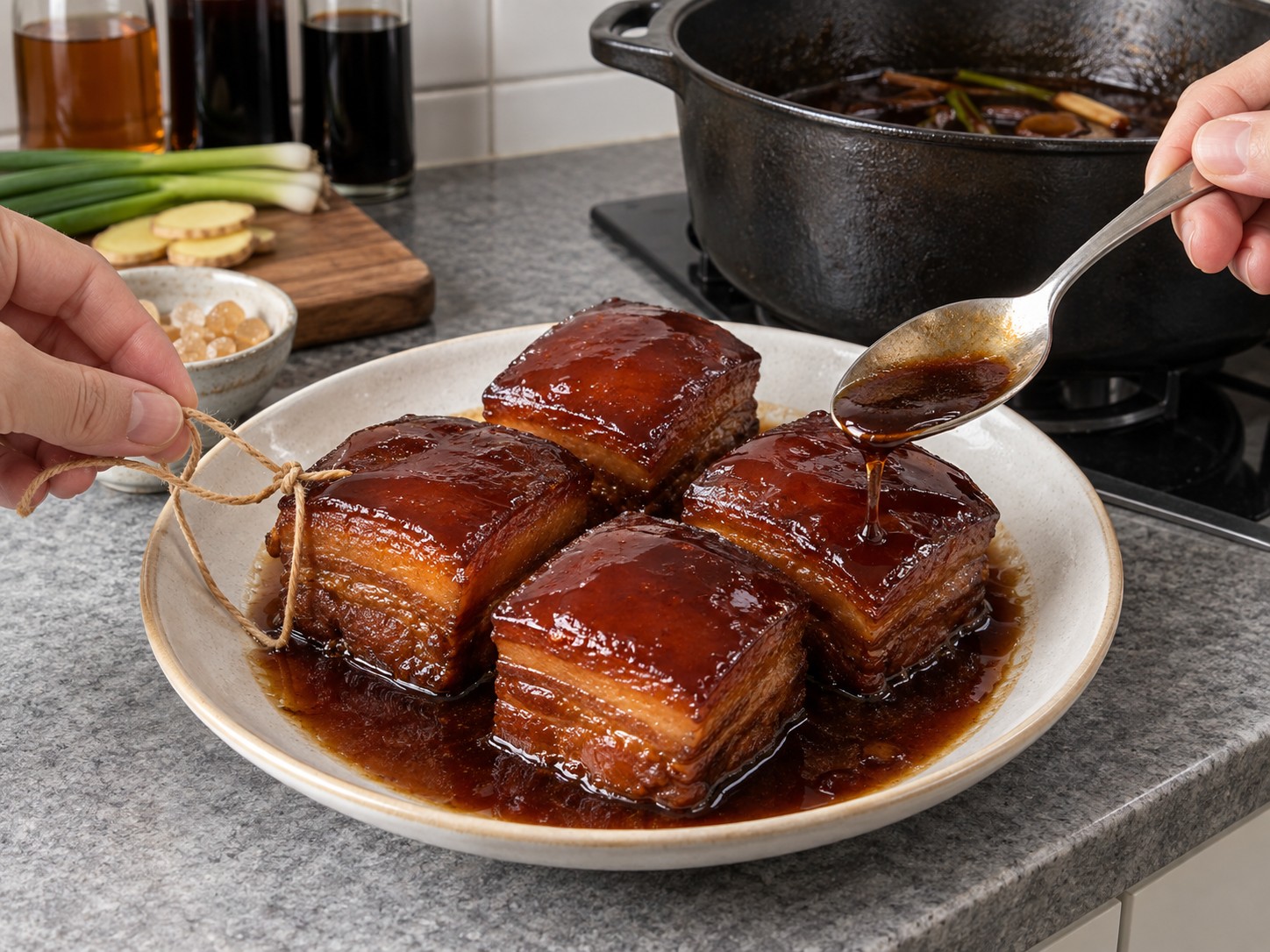 東坡肉 — 12. 剪去棉繩,整塊豬肉淋上滷汁,趁熱上桌。