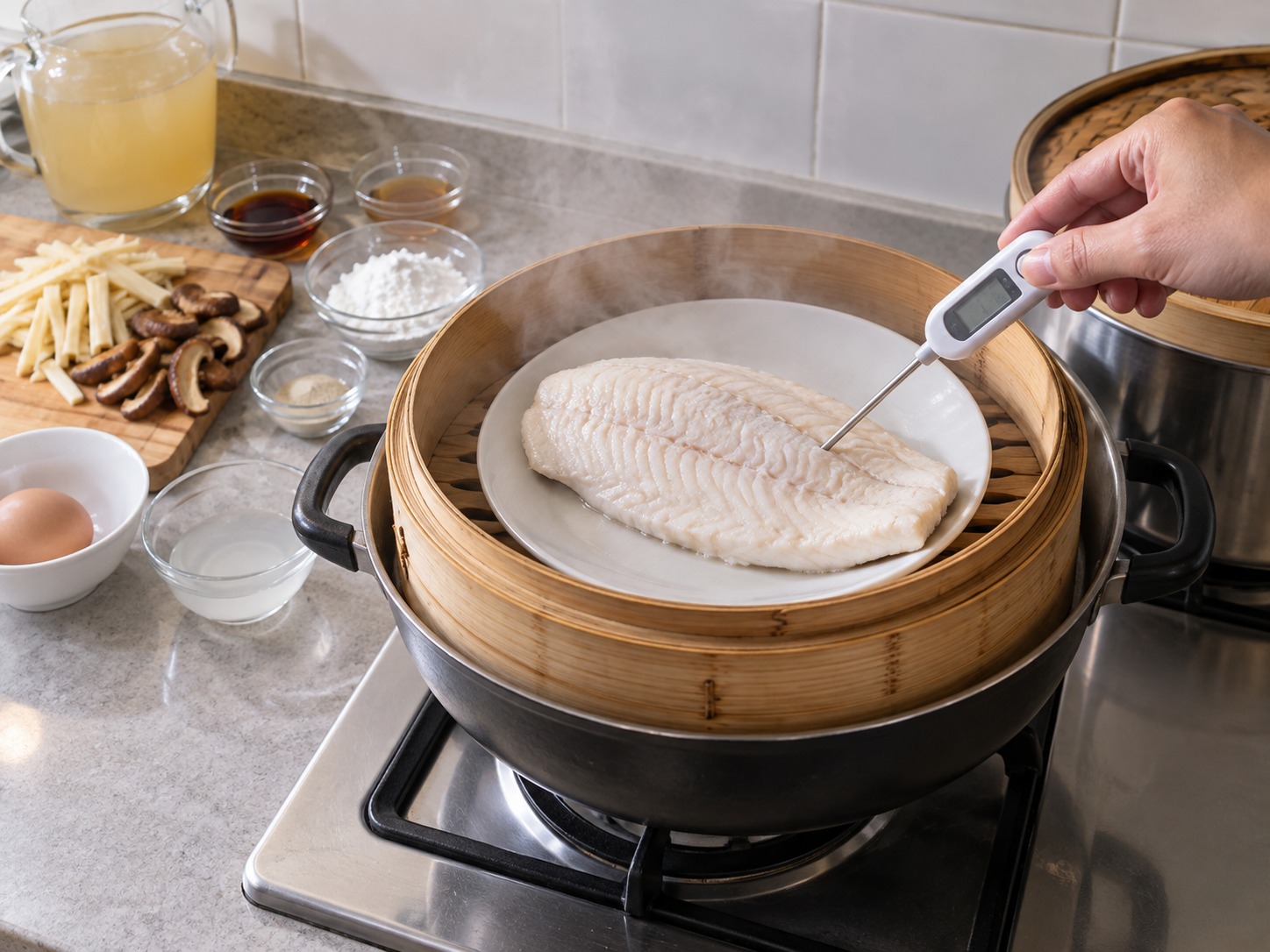 Sup Ikan Song Sao Zhejiang — Kukus ikan api besar delapan menit hingga 63°C
