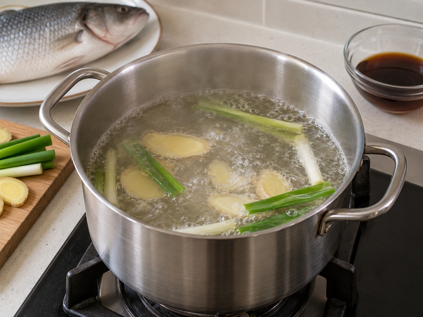 西湖醋魚 — 闊鍋加入1.5公升水、薑、蔥、酒和鹽