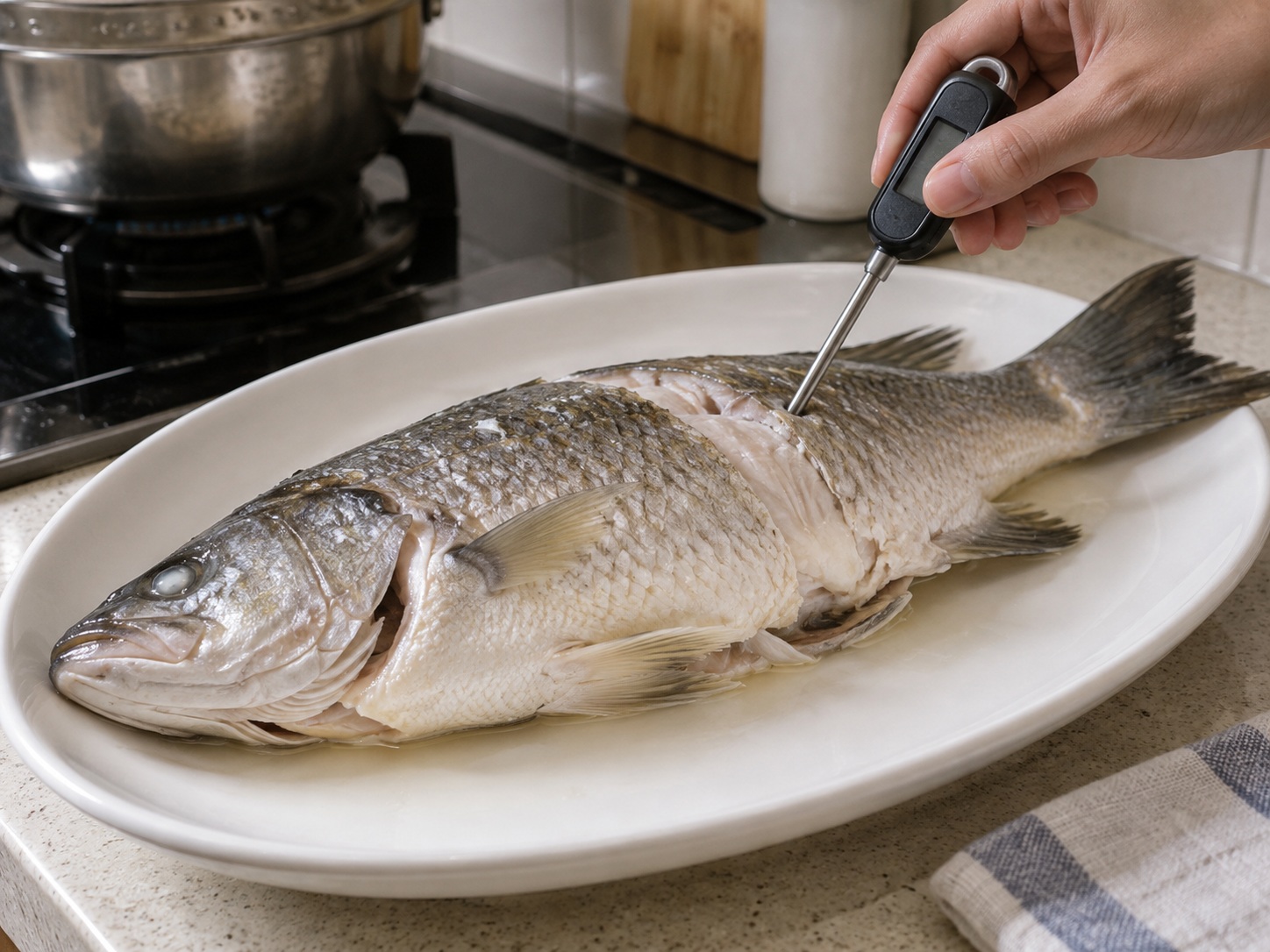 西湖醋魚 — 汁變透明微稠即離火;最厚魚肉達63°C且全不透明。