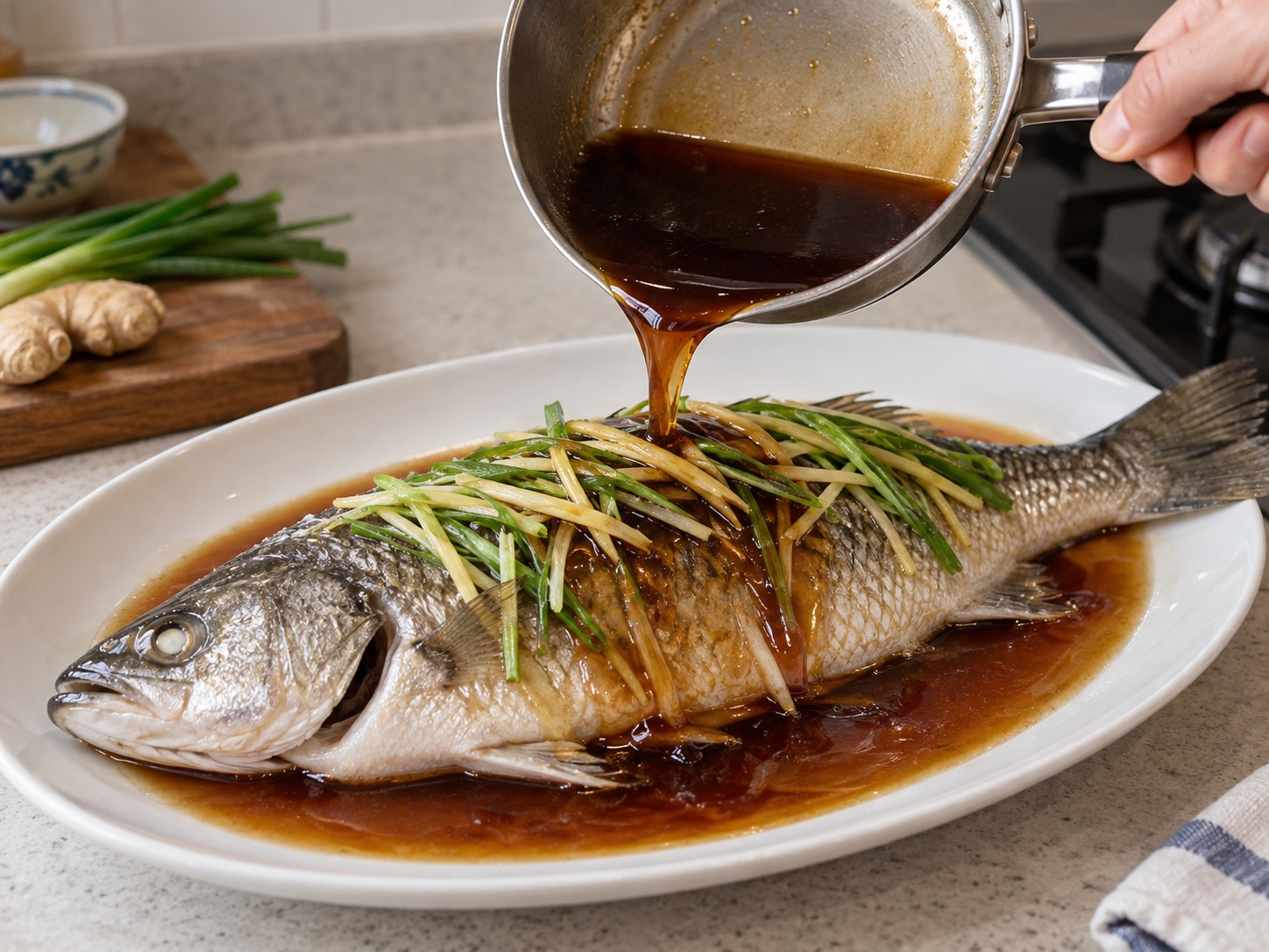 西湖醋魚 — 把熱糖醋芡汁淋在魚身